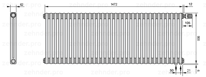 Схема (чертеж) Радиатор Zehnder Charleston 2090/32 №V002 Белый глянцевый RAL 9016
